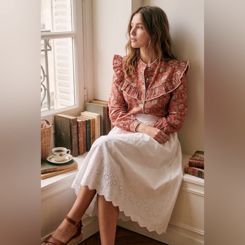 Sonmer Cotton Paisley Blouse & Uniqlo Eyelet Midi Skirt Outfit Bundle Set M L